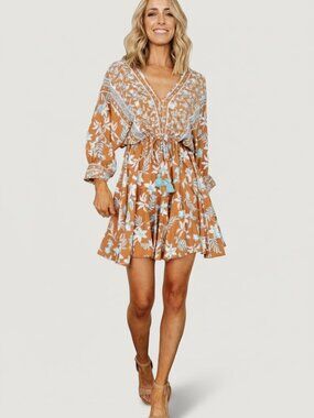 Baltic Born Adria Mini Dress | Camel + Blue Size MM